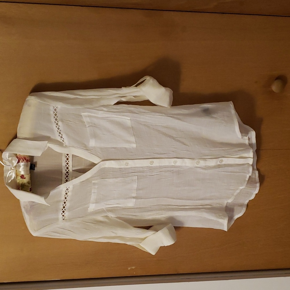 White Button-Up Blouse with Lace Detail